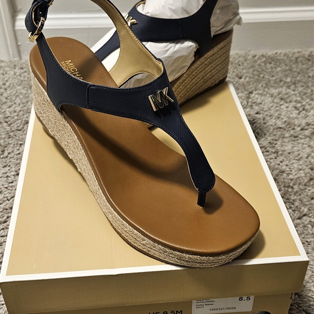 Michael Kors Navy and Tan Wedge Sandals